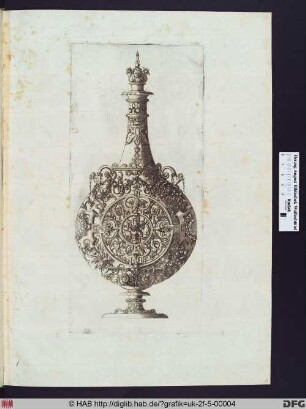 Bauchige Flasche mit ornamentalen Verzierungen, Füllhörnern, Blumenranken und Früchten