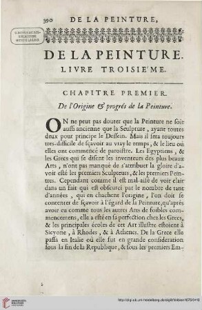 Chapitre premier: De l'origine & progés de la peinture