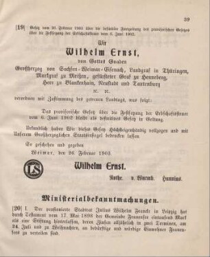 19. Gesetz über die definitive Fortgeltung des provisorischen Gesetzes über die Festsetzung der Erbschaftssteuer vom 6. Juni 1902