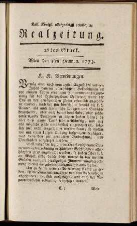 26tes Stück. Wien den 3ten Heumon. 1773.