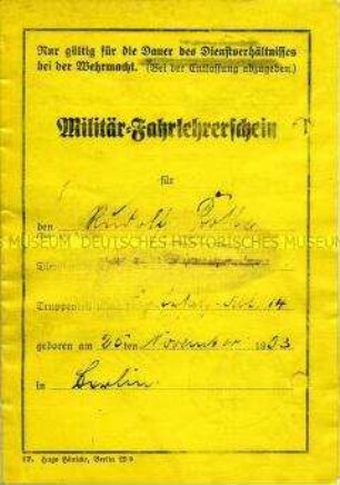 Militär-Fahrlehrerschein von Rudolf Rothe