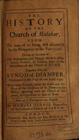 The history of the church of Malabar ... : Together with the Synod of Diamper ... 1599
