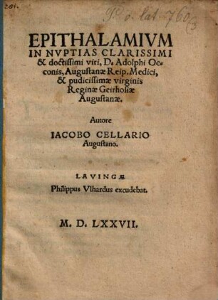 Epithalamium in nuptias clarissimi viri D. Adolphi Occonis ...