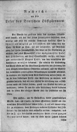 Nachricht an die Leser des Teutschen Obstgärtners