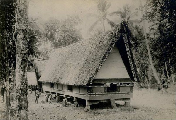 "Meeting house in Ngaransone, the houses stand on exposed trunks to protect them from the white ants, Palau"