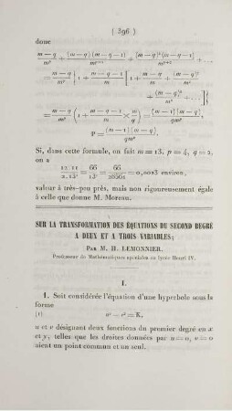 Sur la transformation des éuqations du second degré a deux et a trois variables.