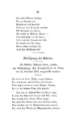 Huldigung der Künste. Als Schluss-Tableau derer, welche am Geburtstage des Kronprinzen in Parez am 15. October 1816 vorgestellt wurden