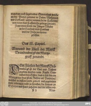 Das III. Capitel. Warumb der Fürst der Marck Brandenbnrgk ein Marggraff genandt.