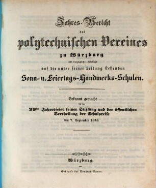 Jahres-Bericht des Polytechnischen Vereins zu Würzburg über den Stand seines Schulwesens : im Jahre .., 1845