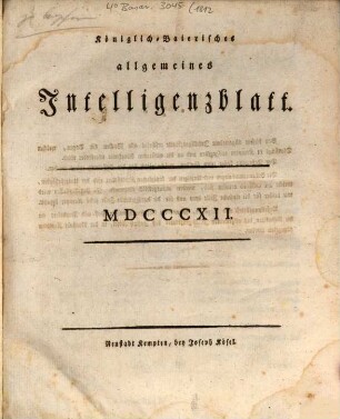 Königlich Baierisches Intelligenz-Blatt des Iller-Kreises. 1812