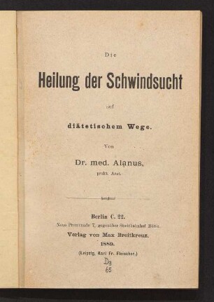 Die Heilung der Schwindsucht auf diätetischem Wege