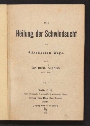 Die Heilung der Schwindsucht auf diätetischem Wege
