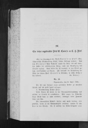 IV. Ein bisher ungedruckter Brief G. Cuvier's an C.H. Pfaff