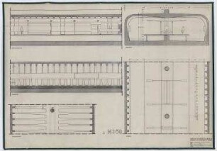 Wettbewerb U-Bahnhof Blissestraße (nicht realisiert), 1. Preis – Teilgrundriss, Innenansicht, Deckenuntersicht, Längsschnitt, Querschnitt. Berlin-Wilmersdorf