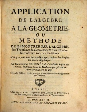 Application de l'algebre à la geometrie
