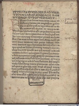 De ingenuis moribus ac liberalibus studiis : gewidmet Ubertinus de Cararia