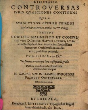 Dispvtatio Controversas Ivris Qvaestiones Continens