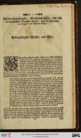Allerdurchlauchtigster / Großmächtigster / und Unüberwindlichster Römischer Kayser [...]