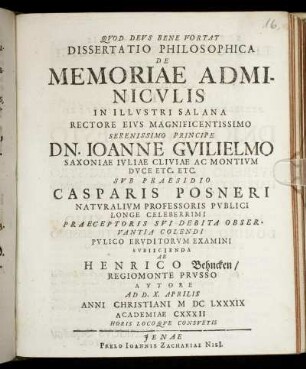 Dissertatio Philosophica De Memoriae Adminiculis