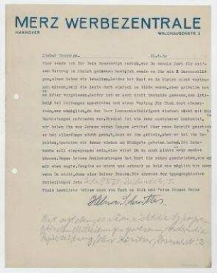 Brief von Helma Schwitters an Raoul Hausmann. Hannover. Briefkopf: Merz Werbezentrale Hannover Waldhausenstr. 5