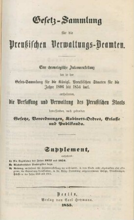 Suppl. 1853/54: Gesetz-Sammlung für die preußischen Verwaltungs-Beamten