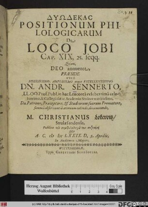 Dyōdekas Positionum Philologicarum: De Loco Jobi Cap. XIX, 25. seqq.