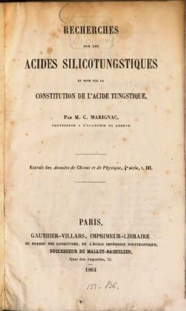 Recherches sur les acides silicotungstiques et note sur la constitution de l'acide tungstique