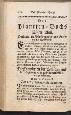 Fünfter Theil. Darinnen die Physiognomie und Chiromantie begriffen ist