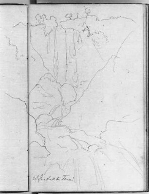 Wasserfall bei Terni : Rietschel, Ernst. Wasserfall bei Terni. Skizzenbuch E, fol. 24v. Bleistift, Bütten; 17,4 x 10,8 cm (Blattgröße). August 1830/März 1831. Privatbesitz. WVZ S. 310