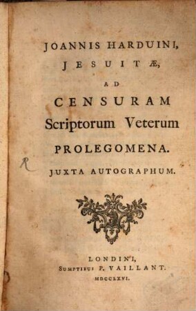 Ad Censuram Scriptorum veterum prolegomena
