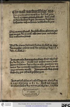 Ein vast notdurfftige materi, einem yeden menschen, der sich gern durch ein ware grüntlich bacht, flyssiglich z dem hochwirdigen sacrament des fronlychnams unsers herren, zeschicken begert.