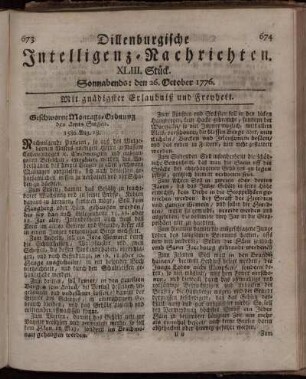 XLIII. Stück: Sonnabends: den 26. October 1776.