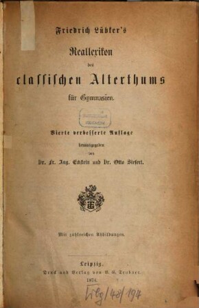 Friedrich Lübker's Reallexikon des classischen Alterthums fur Gymnasien