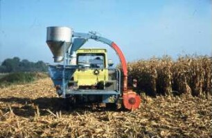 Fotografie: Erntetechnik, Silomais, Maishäcksler angebaut, Scheibenradfeldhäcksler, Feldtest, Parzelle
