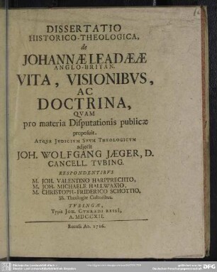 Dissertatio Historico-Theologica de Johannae Leadeae Anglo-Britan. Vita, Visionibus Ac Doctrina