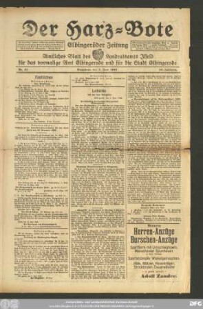 Der Harz-Bote : Elbingeröder Zeitung ; amtliches Blatt des Landratsamts Ilfeld für das vormalige Amt Elbingerode und für die Stadt Elbingerode