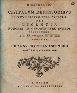 Dissertatio De Civitatvm Defensoribvs