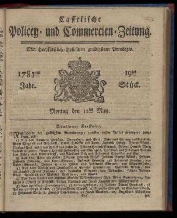 19tes Stueck, Montag den 12ten May. 1783