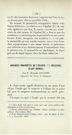 Quelques propriétés de l'ellipse; déviation, écart normal.