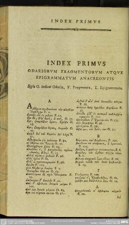 Index Primus Odariorum Fragmentorum Atque Epigrammatum Anacreontis