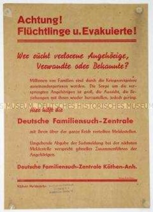 Aufruf der Deutschen Familiensuch-Zentrale zur Abgabe von Suchanzeigen und aktuellen Adressen