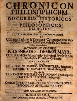 Chronicon philosophicum per discursus historicos et philosophicos deductum ab orbe condito usque ad modernum aevum : [P. 1 - 5]