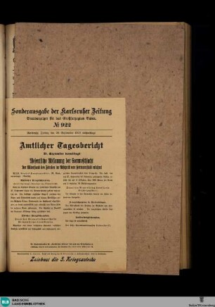 Karlsruher Zeitung, Sonderausgabe No. 922, Amtlicher Tagesbericht vom 29. September