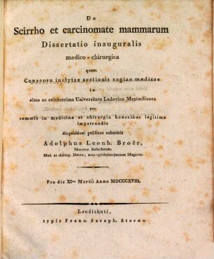 De scirrho et carcinomate mammarum : dissertatio inauguralis medico-chirurgica