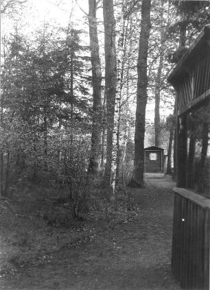 Bad Marienborn (Schmeckwitz). Landheim? Waldstück mit Schuppen und Wurfscheibe. Fotografie (Negativabzug auf Papier) von Ursula Richter, um 1925