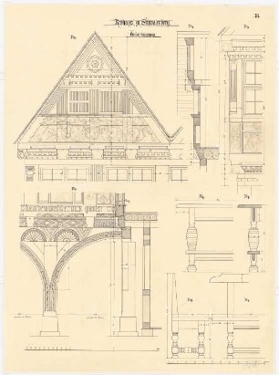 Rathaus, Schwalenberg: Detais von Giebel, Arkaden, Schnitzwerk 1:5, 1:10