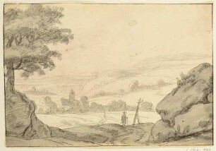 Hügelige Landschaft, vorn ein Bettler (recto)