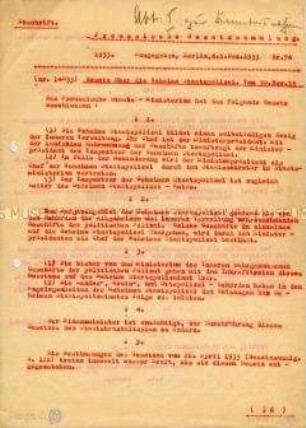 Maschinenschriftliche Abschrift des Gesetzes über die Bildung der Gestapo im Land Preußen