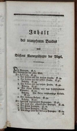 Inhalt des neunzehnten Bandes von Buffons Naturgeschichte der Vögel.