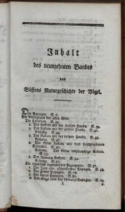 Inhalt des neunzehnten Bandes von Buffons Naturgeschichte der Vögel.